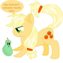 Size: 2000x2000 | Tagged: safe, artist:blueyedred, applejack, g4, angry, female, hatless, high res, hilarious in hindsight, missing accessory, pear, simple background, solo, speech bubble, that pony sure does hate pears, transparent background