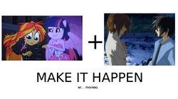 Size: 975x545 | Tagged: safe, sunset shimmer, twilight sparkle, equestria girls, g4, my little pony equestria girls, exploitable meme, gundam, gundam seed destiny, kira yamato, make it happen, meme, shinn asuka