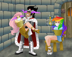 Size: 800x637 | Tagged: safe, artist:vwyler, fluttershy, king sombra, rainbow dash, human, g4, bondage, carrying, chair, cloth gag, clothes, converse, damsel in distress, dark magic, dungeon, gag, humanized, hypno dash, hypnosis, kidnapped, magic, miniskirt, pocket watch, prison, prisoner, prisoner rd, rainbond dash, rope, rope bondage, scooby-doo!, shoes, skirt, sombra eyes, tied up, trio