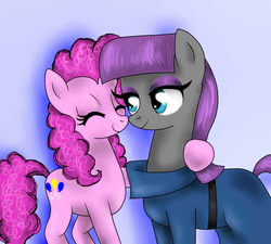 Size: 1000x900 | Tagged: safe, artist:denigirl, maud pie, pinkie pie, earth pony, pony, g4, maud pie (episode), clothes, duo, duo female, eyes closed, eyeshadow, female, lidded eyes, looking at someone, makeup, mare, pie sisters, siblings, side hug, sisters, smiling, when she smiles