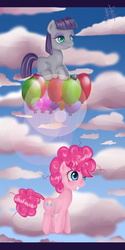 Size: 1000x2000 | Tagged: safe, artist:ogniva, maud pie, pinkie pie, g4, maud pie (episode), balloon, cloud, cloudy, flying, then watch her balloons lift her up to the sky, younger