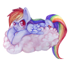 Size: 500x434 | Tagged: safe, artist:pupuliima, rainbow dash, g4, cloud, female, simple background, solo, traditional art, transparent background