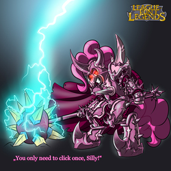 Size: 2000x2000 | Tagged: safe, artist:annacurser, pinkie pie, g4, armor, crossover, female, high res, league of legends, lightning, mace, mordekaiser, solo, spikes