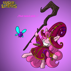 Size: 2000x2000 | Tagged: safe, pinkie pie, parasprite, g4, clothes, crossover, giant hat, hat, high res, league of legends, lulu (league of legends), robe, staff