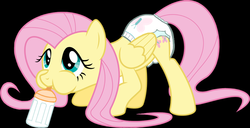 Size: 960x492 | Tagged: dead source, safe, artist:oliver-england, fluttershy, g4, adult foal, baby bottle, bottle, cute, cutie mark diapers, diaper, female, non-baby in diaper, shyabetes, solo