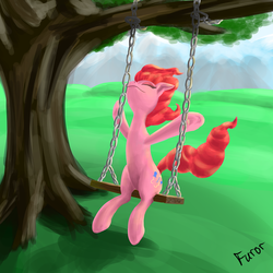 Size: 1200x1200 | Tagged: safe, artist:furor1, pinkie pie, g4, eyes closed, female, grass, solo, swing, swing set, tree, windswept mane