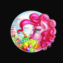 Size: 1280x1280 | Tagged: safe, artist:shydale, pinkie pie, g4, balloon, bowtie, cake, female, noisemaker, out of frame, party horn, profile, solo