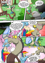 Size: 741x1049 | Tagged: safe, artist:natsumemetalsonic, discord, rainbow dash, draconequus, human, comic:vore is magic too, g4, belly button, breasts, busty rainbow dash, comic, female, humanized, imminent vore, male
