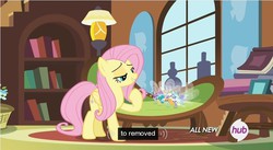 Size: 851x468 | Tagged: safe, screencap, cotton (g4), fluttershy, ghostberry, twirly, breezie, pegasus, pony, g4, it ain't easy being breezies, hub logo, meme, unnamed breezie, unnamed character, youtube caption