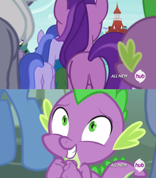 Size: 828x946 | Tagged: safe, edit, screencap, amethyst star, royal riff, sea swirl, seafoam, sparkler, spike, g4, it ain't easy being breezies, simple ways, all new, amethyst butt, butt, hub logo, out of context, plot