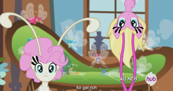Size: 1151x609 | Tagged: safe, screencap, breezette, ghostberry, twinkle (g4), twirly, breezie, g4, it ain't easy being breezies, hat, hub logo, meme, mushroom hat, unnamed breezie, unnamed character, youtube caption