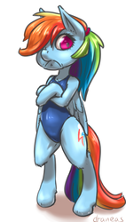 Size: 550x965 | Tagged: safe, artist:draneas, rainbow dash, pegasus, pony, semi-anthro, g4, bipedal, clothes, female, frown, looking at you, mare, one-piece swimsuit, simple background, solo, sukumizu, swimsuit, tsunderainbow, tsundere, white background
