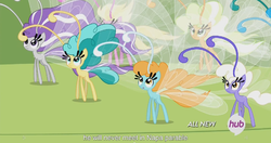 Size: 1152x609 | Tagged: safe, screencap, citrus park, cotton (g4), ghostberry, twirly, breezie, g4, it ain't easy being breezies, hub logo, meme, unnamed breezie, unnamed character, youtube caption