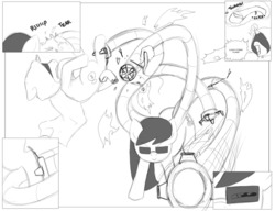 Size: 1280x981 | Tagged: safe, artist:amaraburrger, octavia melody, g4, comic, crossover, doctor octavia, doctor octopus, male, monochrome, sonata du octave, spider-man