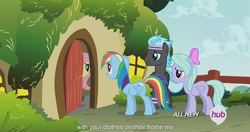 Size: 1151x609 | Tagged: safe, screencap, flitter, fluttershy, rainbow dash, thunderclap, pegasus, pony, g4, it ain't easy being breezies, female, hub logo, male, mare, meme, stallion, youtube caption