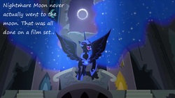 Size: 1280x720 | Tagged: safe, edit, edited screencap, screencap, nightmare moon, pony, g4, princess twilight sparkle (episode), conspiracy, conspiracy theory, eclipse, female, headcanon, insane pony thread, laughing, moon, moon landing, moon landing hoax, solo