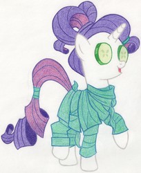 Size: 1885x2307 | Tagged: safe, artist:muffin mane, rarity, g4, green isn't your color, alternate hairstyle, cucumber, female, raised hoof, seaweed wrap, solo, traditional art