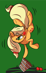Size: 1024x1638 | Tagged: safe, artist:madacon, applejack, earth pony, pony, g4, apple, balancing, bucket, female, food, handstand, mare, ponies balancing stuff on their nose, solo
