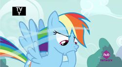 Size: 931x513 | Tagged: safe, screencap, rainbow dash, pegasus, pony, g4, it ain't easy being breezies, my little pony: friendship is magic, female, flying, hoof in mouth, hub logo, out of context, solo, sucking, taste the rainbow, tv-y