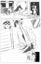 Size: 962x1474 | Tagged: safe, artist:amaraburrger, dj pon-3, octavia melody, vinyl scratch, g4, comic, crossover, cyclops (marvel), doctor octavia, doctor octopus, male, monochrome, sonata du octave, spider-man, vyclops, x-men