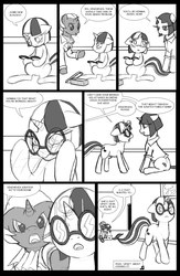 Size: 962x1474 | Tagged: safe, artist:amaraburrger, dj pon-3, vinyl scratch, g4, comic, crossover, cyclops (marvel), monochrome, sonata du octave, vyclops, x-men