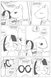 Size: 962x1474 | Tagged: safe, artist:amaraburrger, dj pon-3, vinyl scratch, g4, comic, crossover, cyclops (marvel), monochrome, sonata du octave, vyclops, x-men