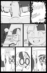 Size: 962x1474 | Tagged: safe, artist:amaraburrger, dj pon-3, vinyl scratch, g4, comic, crossover, cyclops (marvel), monochrome, sonata du octave, vyclops, x-men