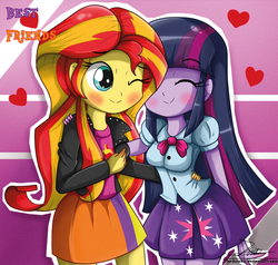 Size: 629x598 | Tagged: safe, artist:the-butch-x, sunset shimmer, twilight sparkle, equestria girls, g4, blushing, breasts, cute, duo, eyes closed, female, friendship, heart, hug, lesbian, ship:sunsetsparkle, shipping, smiling, wink