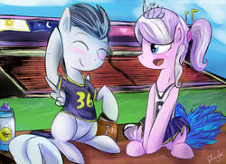 Size: 1000x722 | Tagged: safe, artist:dragk, diamond tiara, rumble, earth pony, pegasus, pony, g4, american football, baltimore ravens, bleachers, blushing, cheerleader, clothes, commission, cutie mark, duo, female, male, pom pom, ponytail, shipping, shirt, sidemouth, sitting, skirt, sports, straight, the simple life, tiarumble, water bottle