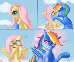 Size: 1200x1000 | Tagged: safe, artist:miokomata, fluttershy, rainbow dash, pegasus, pony, g4, bedroom eyes, blushing, bueno, comic, fangs, female, floppy ears, grin, kiss on the lips, kissing, lesbian, question mark, ship:flutterdash, shipping, smiling, smirk, sparkles, spread wings, surprise kiss, surprised, wide eyes, wingboner, wtf