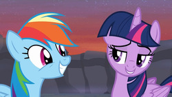 Size: 1280x720 | Tagged: safe, screencap, rainbow dash, twilight sparkle, alicorn, pony, g4, it ain't easy being breezies, female, lidded eyes, mare, out of context, twilight sparkle (alicorn)