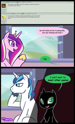 Size: 761x1251 | Tagged: safe, artist:mr-samson, princess cadance, shining armor, oc, oc:amora, changeling, hybrid, nymph, g4, comic, filly, interspecies offspring, offspring, parent:queen chrysalis, parent:shining armor, parents:shining chrysalis, shadow, shadows