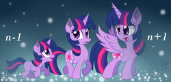 Size: 3649x1752 | Tagged: dead source, safe, artist:php92, twilight sparkle, alicorn, pony, g4, ear fluff, fancy mathematics, female, filly, mare, math, multeity, older, twilight sparkle (alicorn)