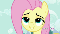 Size: 1920x1080 | Tagged: safe, screencap, fluttershy, g4, it ain't easy being breezies, my little pony: friendship is magic, female, hub logo, lidded eyes, solo