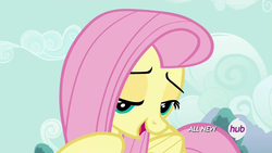 Size: 1920x1080 | Tagged: safe, screencap, fluttershy, g4, it ain't easy being breezies, my little pony: friendship is magic, female, hub logo, lidded eyes, solo