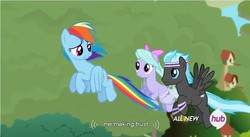 Size: 855x468 | Tagged: safe, screencap, flitter, thunderclap, pegasus, pony, g4, it ain't easy being breezies, female, flying, male, mare, meme, stallion, trio, youtube caption