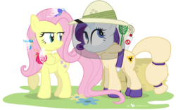 Size: 1000x625 | Tagged: safe, artist:dm29, fluttershy, rarity, breezie, pegasus, pony, unicorn, g4, it ain't easy being breezies, bug spray, duo, fluttershy is not amused, hazmat suit, simple background, that was fast, transparent background, unamused