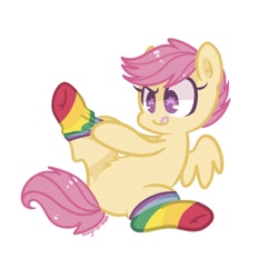 Size: 1280x1280 | Tagged: safe, artist:hawthornss, scootaloo, pegasus, pony, g4, :p, belly fluff, clothes, cute, cutealoo, dressing, female, filly, foal, lying down, on back, rainbow socks, signature, simple background, socks, solo, spread wings, starry eyes, striped socks, tongue out, white background, wingding eyes, wings