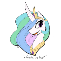 Size: 1280x1280 | Tagged: safe, artist:florecentmoo, edit, editor:vb, princess celestia, changeling, g4, bust, caption, curved horn, fangs, female, horn, solo