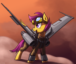 Size: 3176x2672 | Tagged: safe, artist:dimfann, scootaloo, pegasus, pony, g4, armor, clothes, female, goggles, jacket, jet engine, jetpack, looking back, open mouth, plane, scootaloo can fly, smiling, solo, spread wings