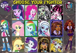 Size: 950x650 | Tagged: safe, applejack, fluttershy, pinkie pie, rainbow dash, rarity, twilight sparkle, equestria girls, g4, abbey bominable, clawdeen wolf, cleo de nile, crossover, draculaura, eqg promo pose set, frankie stein, lagoona blue, mane six, monster high, mortal kombat