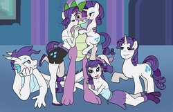 Size: 5100x3300 | Tagged: safe, artist:bico-kun, rarity, spike, dragon, pony, anthro, plantigrade anthro, equestria girls, anthro with ponies, bedroom eyes, bisexual, blushing, breasts, clothes, commonity, dragoness, dragonified, dress, elusive, eyes on the prize, female, gay, grin, half r63 shipping, harem, holding a pony, imminent sex, kissing, magic mirror, male, multeity, multiverse, nuzzling, on side, open mouth, raised hoof, raridragon, rule 63, shipping, smiling, sparity, species swap, spelusive, spike gets all the mares, spike gets all the rarities, spike gets all the stallions, spikelove, square crossover, straight