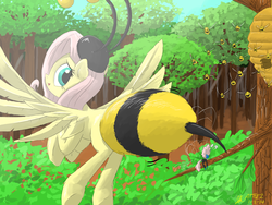 Size: 1440x1080 | Tagged: safe, artist:atteez, fluttershy, seabreeze, bee, breezie, g4, it ain't easy being breezies, animal, animal costume, bee costume, butt, butt shake, clothes, costume, female, flutterbee, male, plot, scene interpretation, tree