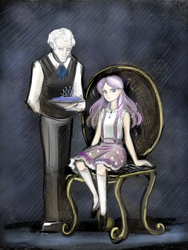 Size: 2087x2777 | Tagged: safe, artist:kutakoru, diamond tiara, randolph, human, g4, arm behind back, chair, humanized, jewelry, looking at you, serving tray, sitting, tiara