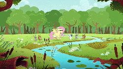 Size: 1000x562 | Tagged: safe, screencap, angel bunny, fluttershy, pegasus, pony, rabbit, squirrel, g4, hurricane fluttershy, animal, animated, blowing, blowing whistle, coach, coach angel bunny, female, flying, forest, hat, high quality, male, mare, nature, prancing, rainbow dashs coaching whistle, river, spread wings, stream, sweatband, that bunny sure does love whistles, training montage, whistle