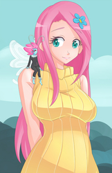 Size: 971x1500 | Tagged: safe, artist:jonfawkes, fluttershy, seabreeze, breezie, human, g4, it ain't easy being breezies, arm behind back, breasts, busty fluttershy, clothes, duo, female, flower, flower in hair, humanized, open mouth, size difference, sleeveless turtleneck, smiling, sweatershy
