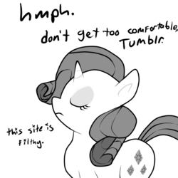 Size: 680x680 | Tagged: safe, artist:moonblizzard, rarity, g4, ask, discorded, female, monochrome, rarity answers, solo, tumblr