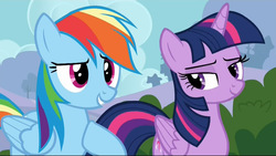 Size: 1258x711 | Tagged: safe, screencap, rainbow dash, twilight sparkle, alicorn, pony, g4, it ain't easy being breezies, female, lidded eyes, mare, out of context, tonight you, twilight sparkle (alicorn)