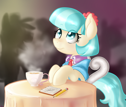 Size: 2600x2200 | Tagged: safe, artist:annakitsun3, coco pommel, earth pony, pony, g4, cup, female, hooves on the table, notebook, pencil, solo, table, tea, teacup