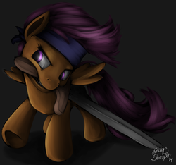 Size: 1280x1196 | Tagged: safe, artist:bellalysewinchester, scootaloo, g4, bandana, female, headband, mouth hold, solo, sword